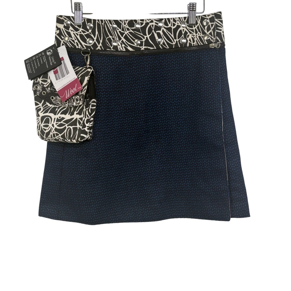 ZAND Amsterdam Wool Cotton Wrap Skirt Navy Black Detachable Pouch Reversible OS